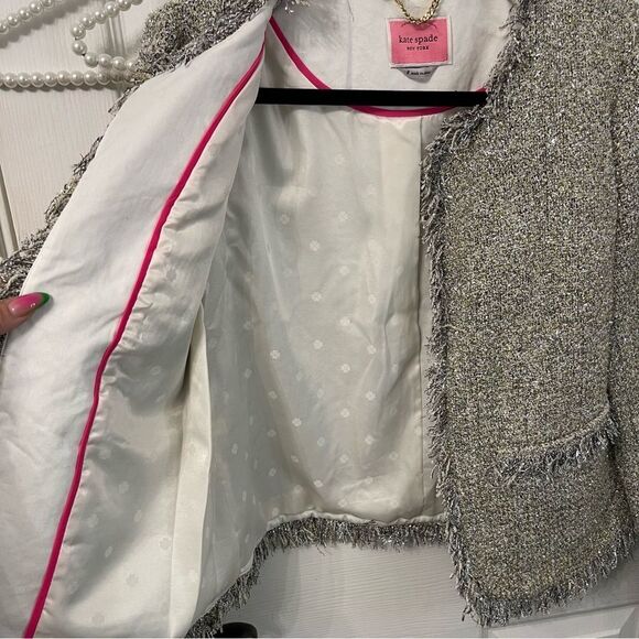 Kate Spade Gray Tweed Metallic Blazer with Fringe Trim - Picture 6 of 11
